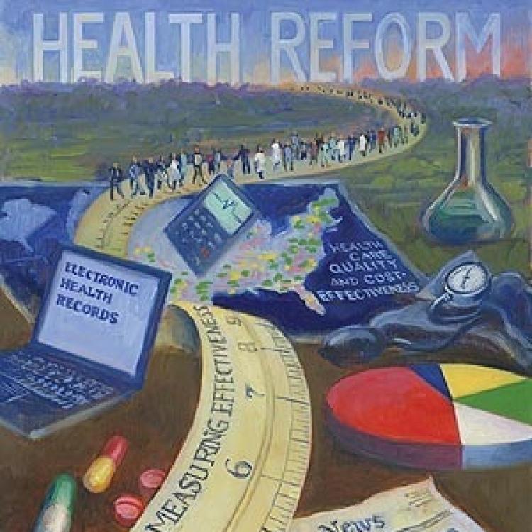 Health Reform illustration with science materials in field background