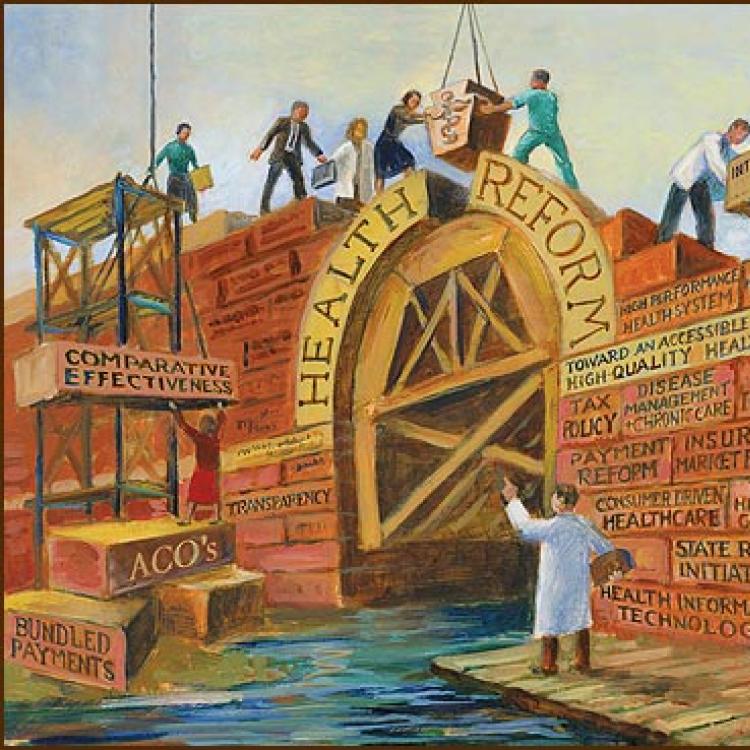 health reform illustration showing workers building a bridge