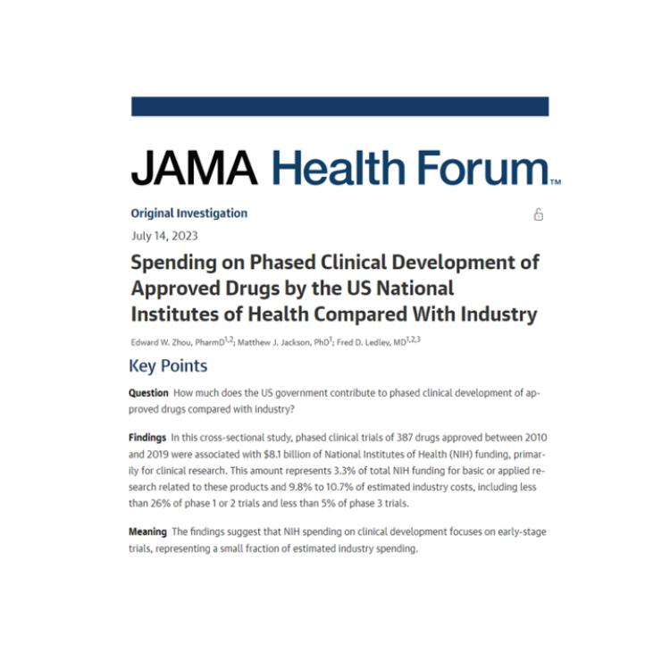 JAMA Health Forum Study - Spending on Phased Clinical Development of Approved Drugs by the US National Institutes of Health Compared With Industry